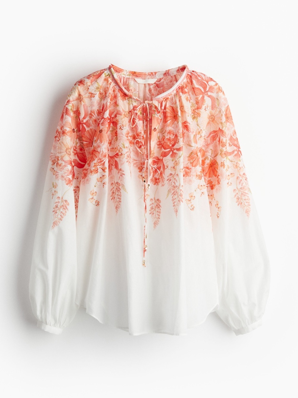 H&M| Boho Coral & Red Floral Tie Detail Peasant Long Sleeve Blouse Sz 8